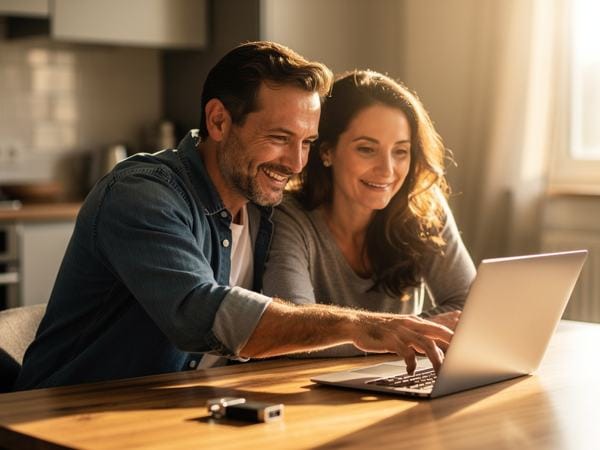 Een stel kijkt samen ontspannen naar een laptop aan de keukentafel