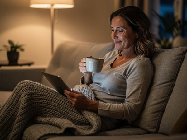 Een vrouw ontspant op de bank met thee en een tablet