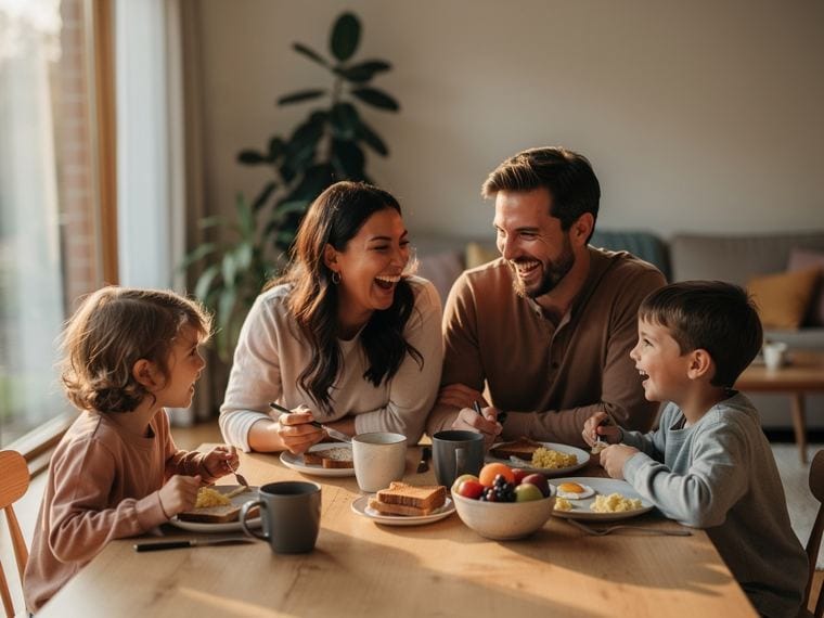 Een gezin lacht samen aan de ontbijttafel
