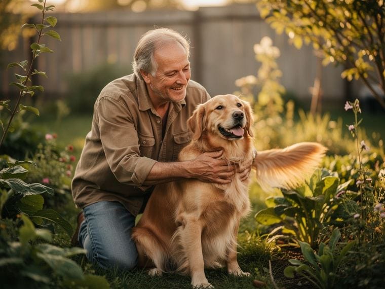 Een man knuffelt zijn golden retriever in de tuin