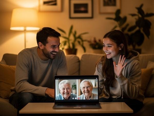 Een vader en dochter videobellen met grootouders in het buitenland