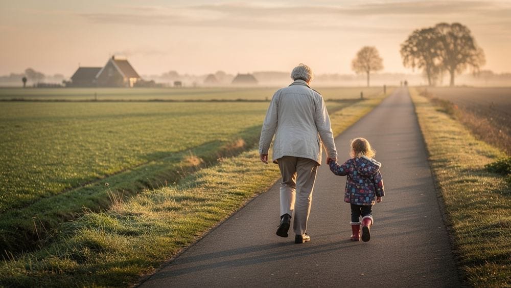 Een oma loopt hand in hand met haar kleinkind over een landweggetje bij zonsopgang