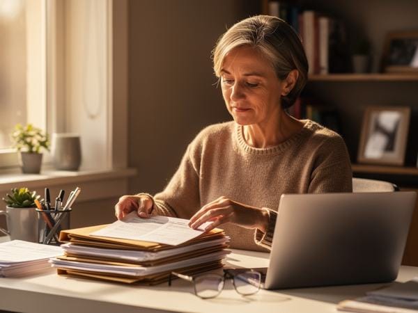 Een vrouw ordent papieren en mappen aan haar bureau thuis
