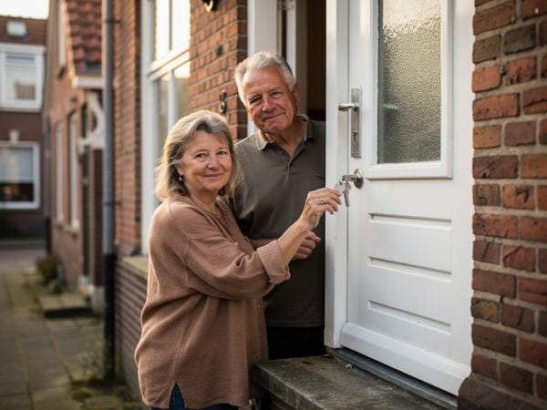 Een stel bij de voordeur van hun huis met de sleutels in de hand
